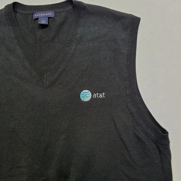 Lands End AT&T Sweater Vest Men's Size Large Black Pullover V-Neck Poly Blend - Picture 3 of 5